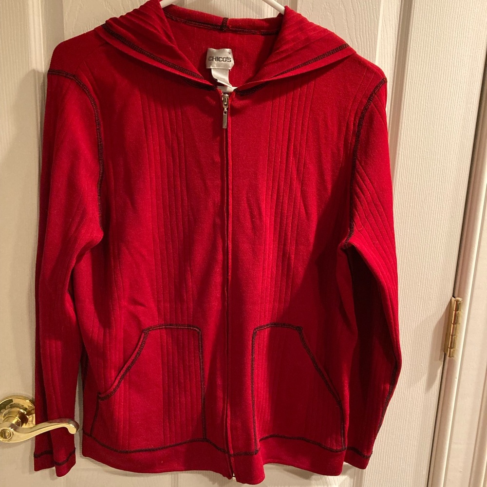 Chico’s red zippered hooded lightweight jacket. Excellent.  Size 1 EUC